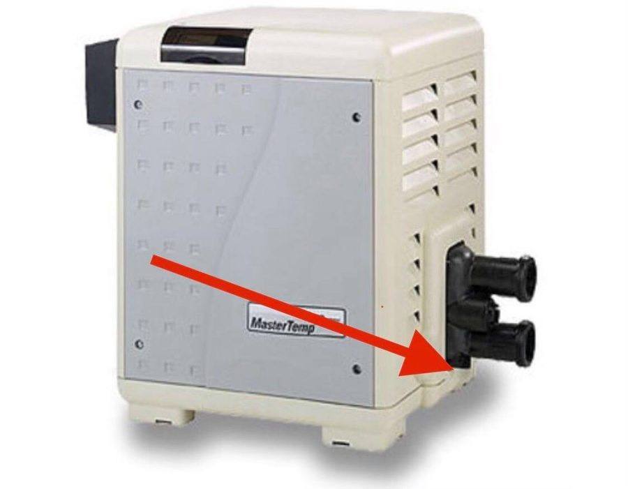 Pool heater with drain plug location marked by arrow