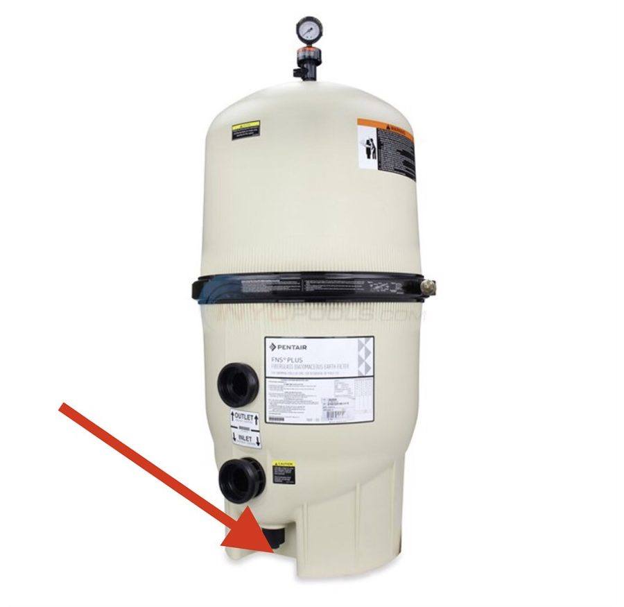 Cartridge filter with drain plug marked by arrow