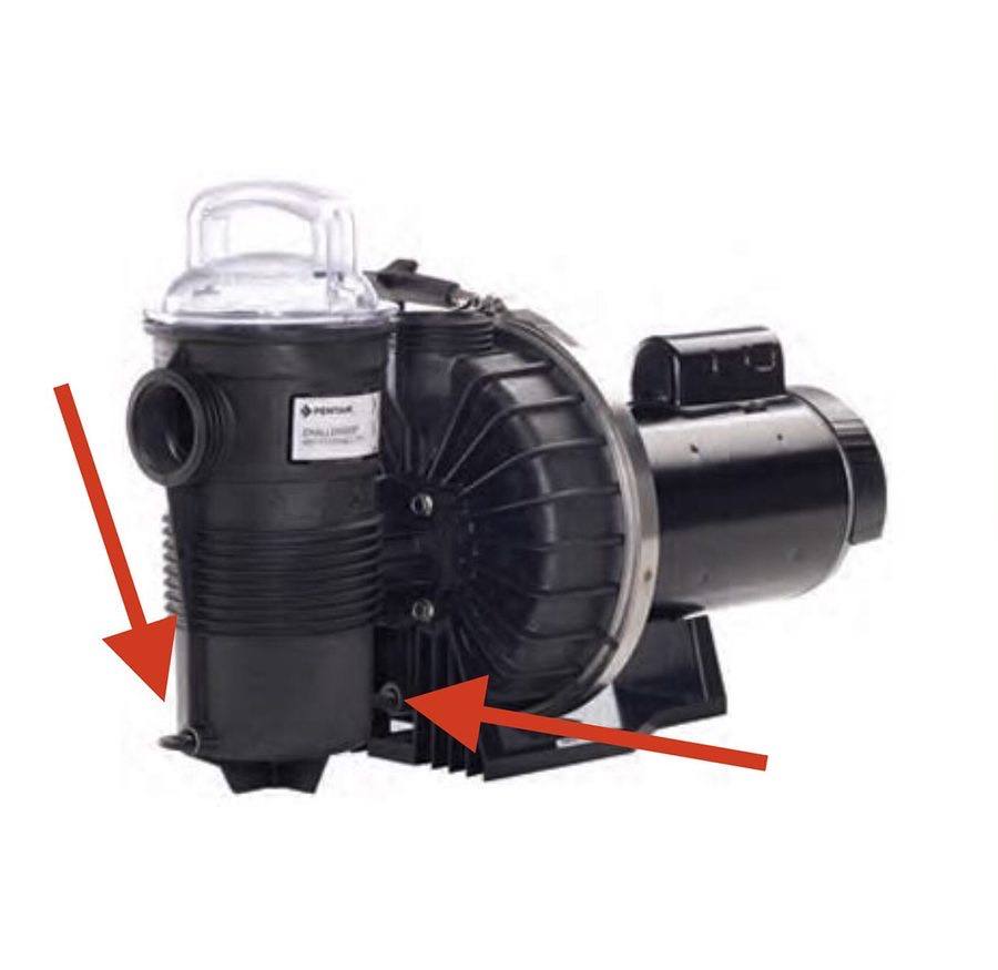 Pool pump drain plug locations marked by arrows
