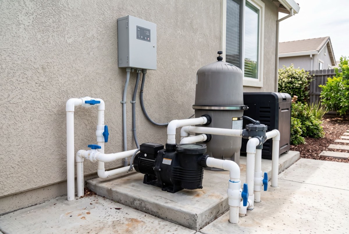 Backyard pool equipment pad with the pump, filter, heater, controls, and valves a pool school walks through